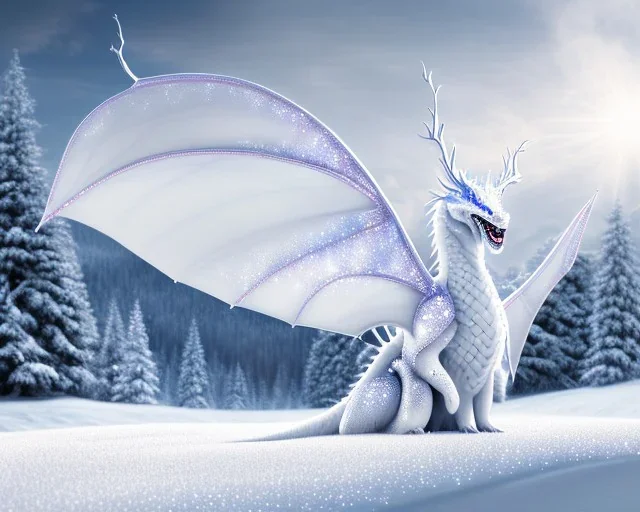 mdjrny-v4 style, a white dragon with fairy-like glowing and shiny wings standing in snow, full body, silver lightning, glowing soft and smooth wings, realistic, highly detailed intricately detailed, shiny snowy background, soft studio lighting, trending on artstation, by artist "Julie Bell", by artist "Greg Rutkowski"