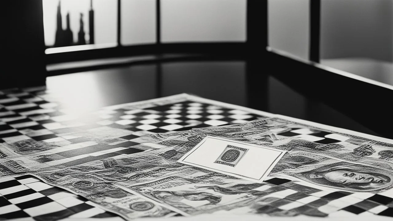 [iconic photo by Helmut Newton] geofinance: a dollar bank note and a Renminbi bank note on a chessboard