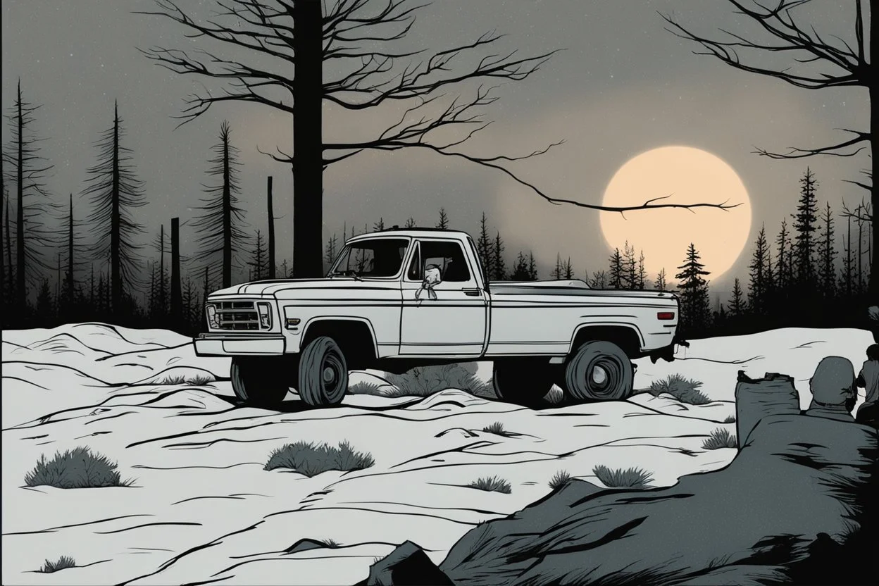 pickup truck, rear, forest, standing, silhouette, comic book,post-apocalypse, gray background, night time, cabin, tree branches,
