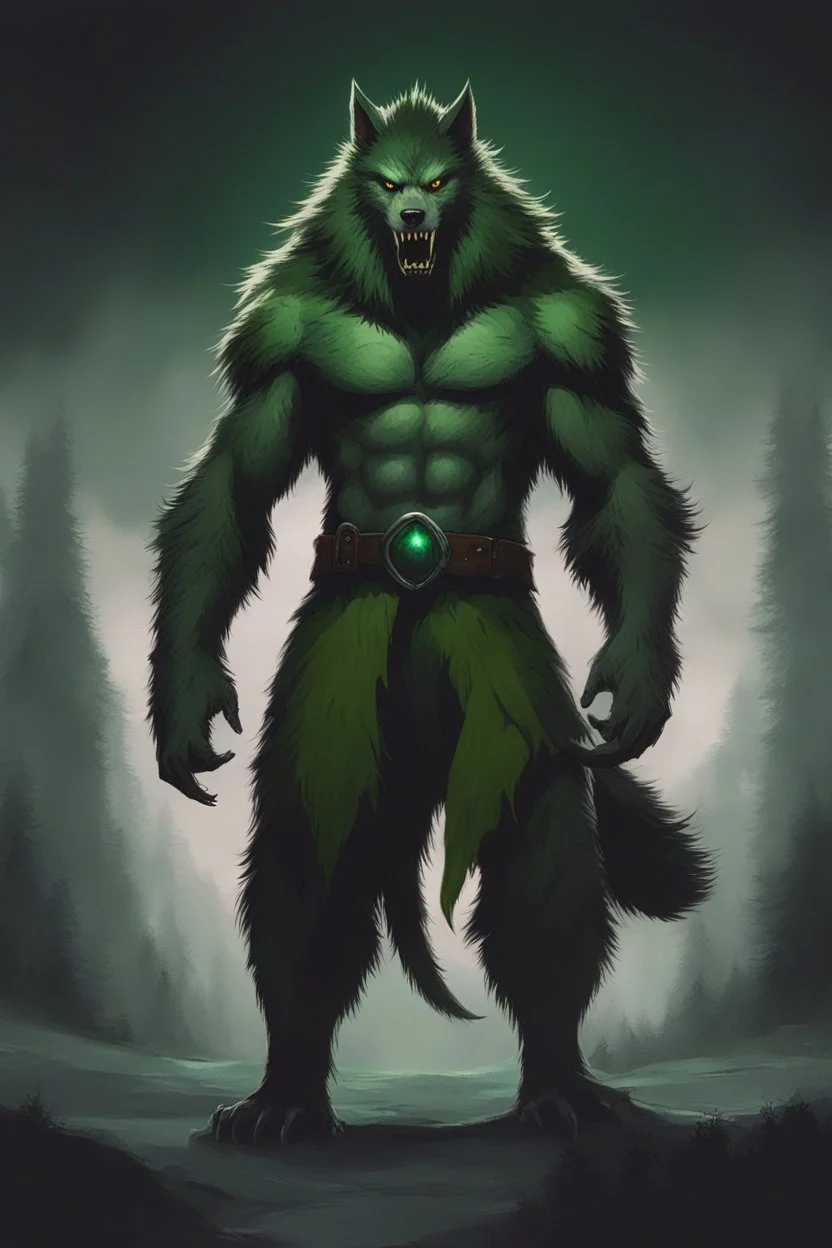 concept art of a werewolf with green fur, digital artwork, illustrative, painterly, matte painting, highly detailed, cinematic composition