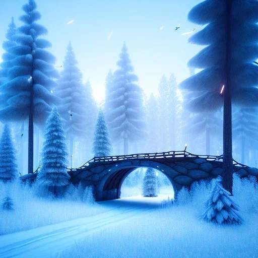 Forest ice winter, bridge birds,live house, deer, unreal engine 5, octane render