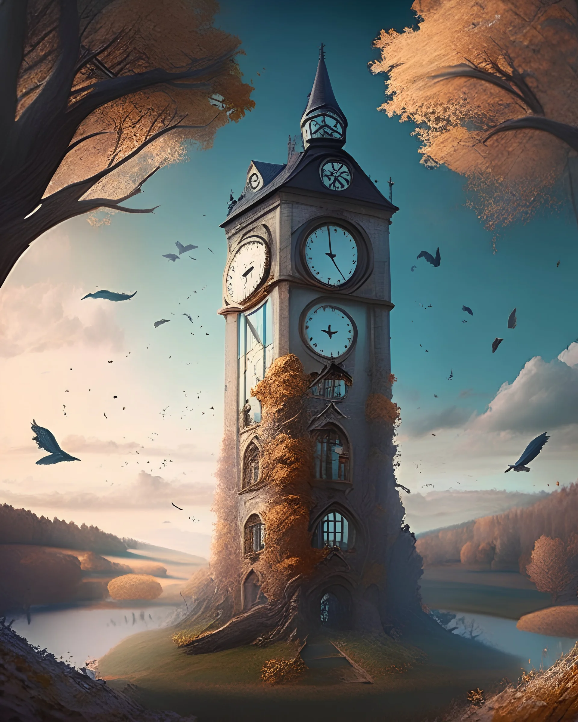 A magical clock tower that controls time, surrounded by a landscape of shifting seasons