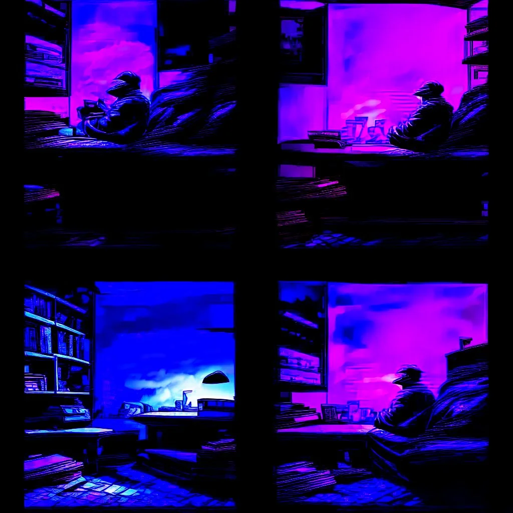 comicbook, 2 panels, bright complimentary colors, in the left panel, a tv plays breaking news, (in the right panel, a tv plays breaking news,(side angle view:1.2)of the tv), background is a haunting dimly lit, decrepit room.The atmosphere should be chilling, with shadows and decay adding to the eerie ambiance, blue palette, volumetric lighting