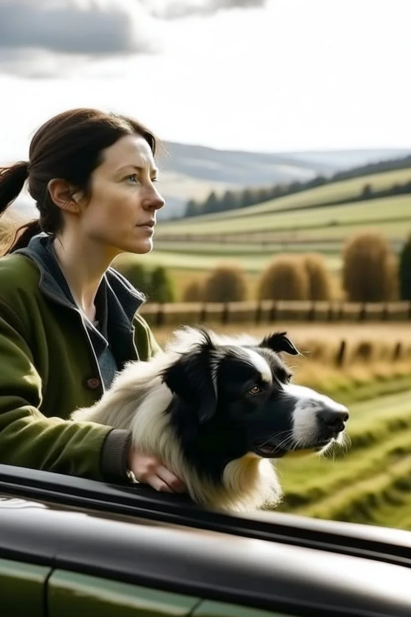 Anxious woman driving through countryside with her sheepdog next to her