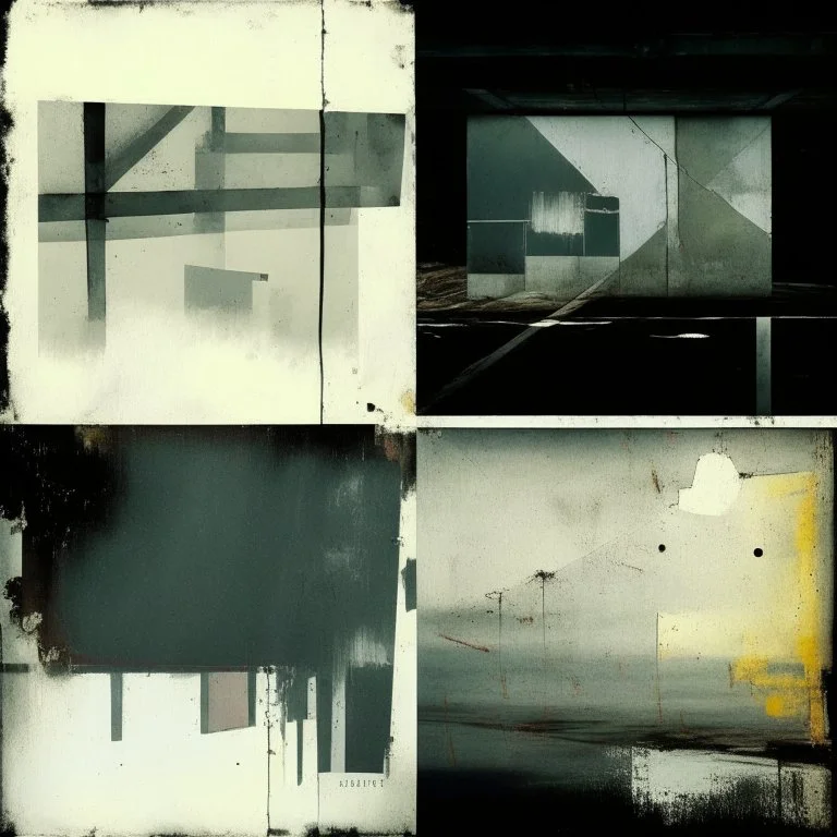 Minimal contemporary abstract oil paintings of desolate 1960s carpark with road markings and concrete fragments. Overlay with grungy typography graphics. style of Justin Mortimer and Francis Bacon.