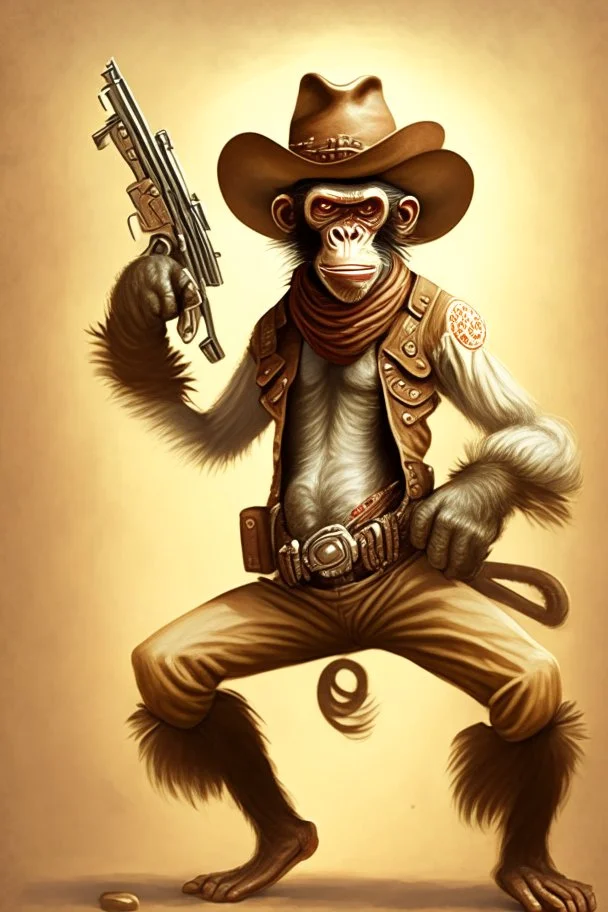 A three-armed monkey cowboy with 2 guns