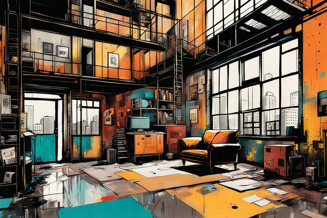 create a wildly abstract illustration of a highly detailed gritty and rusted Victorian industrial warehouse artist's loft apartment in style of Jean Michel Basquiat , and the comic book art style of Bill Sienkiewicz, finely textured, drawn, colored, and inked