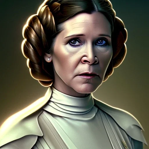 [[Carrie Fisher as Princess Leia]] :: [[sharp brown eyes, short hair, head and shoulders portrait, 8k resolution concept art portrait by Greg Rutkowski, Artgerm, WLOP, Alphonse Mucha, dynamic lighting, hyperdetailed, intricately detailed, trending on Artstation, triadic colors, Unreal Engine 5, volumetric lighting]]