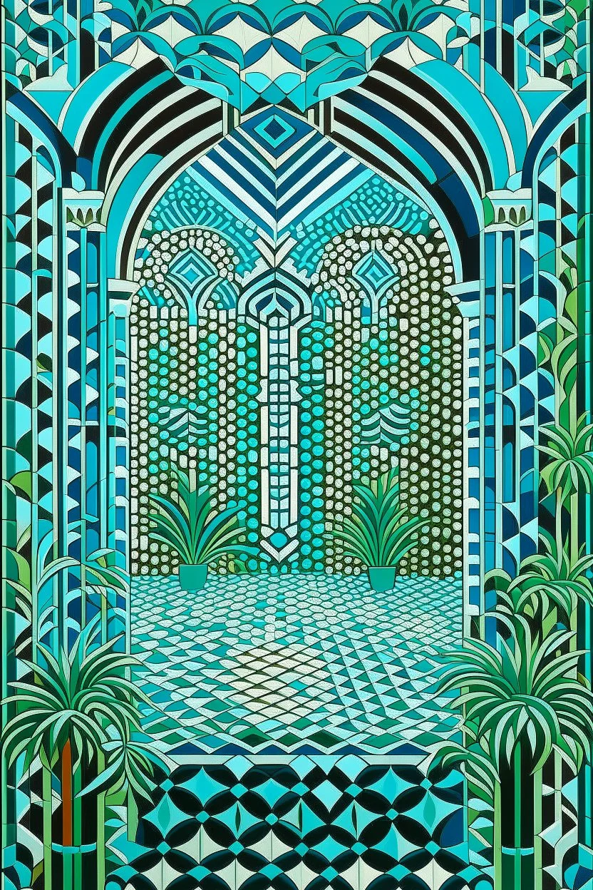 A mint colored jungle with bramble vines designed in Mayan architecture painted by Victor Vasarely