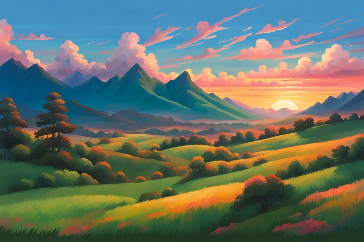 It is a scenic landscape with a lush green meadow, rolling hills, and a vibrant sunset sky with colorful clouds. The background features a range of mountains silhouetted against the warm orange and pink hues of the setting sun. like Studio Ghibli and oil painting