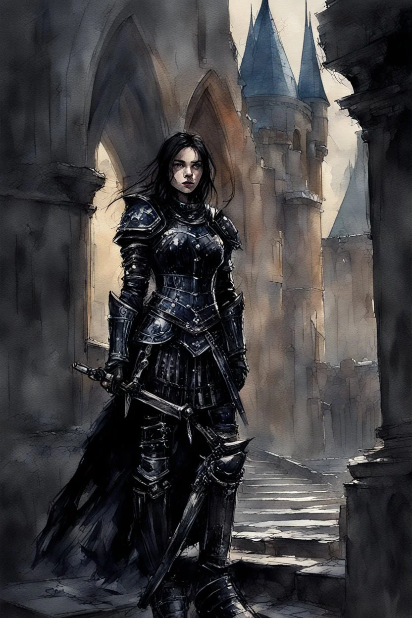 a young black-haired girl in medieval black armor on the castle grounds, vivid emotions, watercolor, photorealism, dark fantasy, bad weather, gloomy day, dark world, sketch art, fine lines, grunge, sensual, darkness, by Raymond Swanland & Alyssa Monks & Anna Razumovskaya