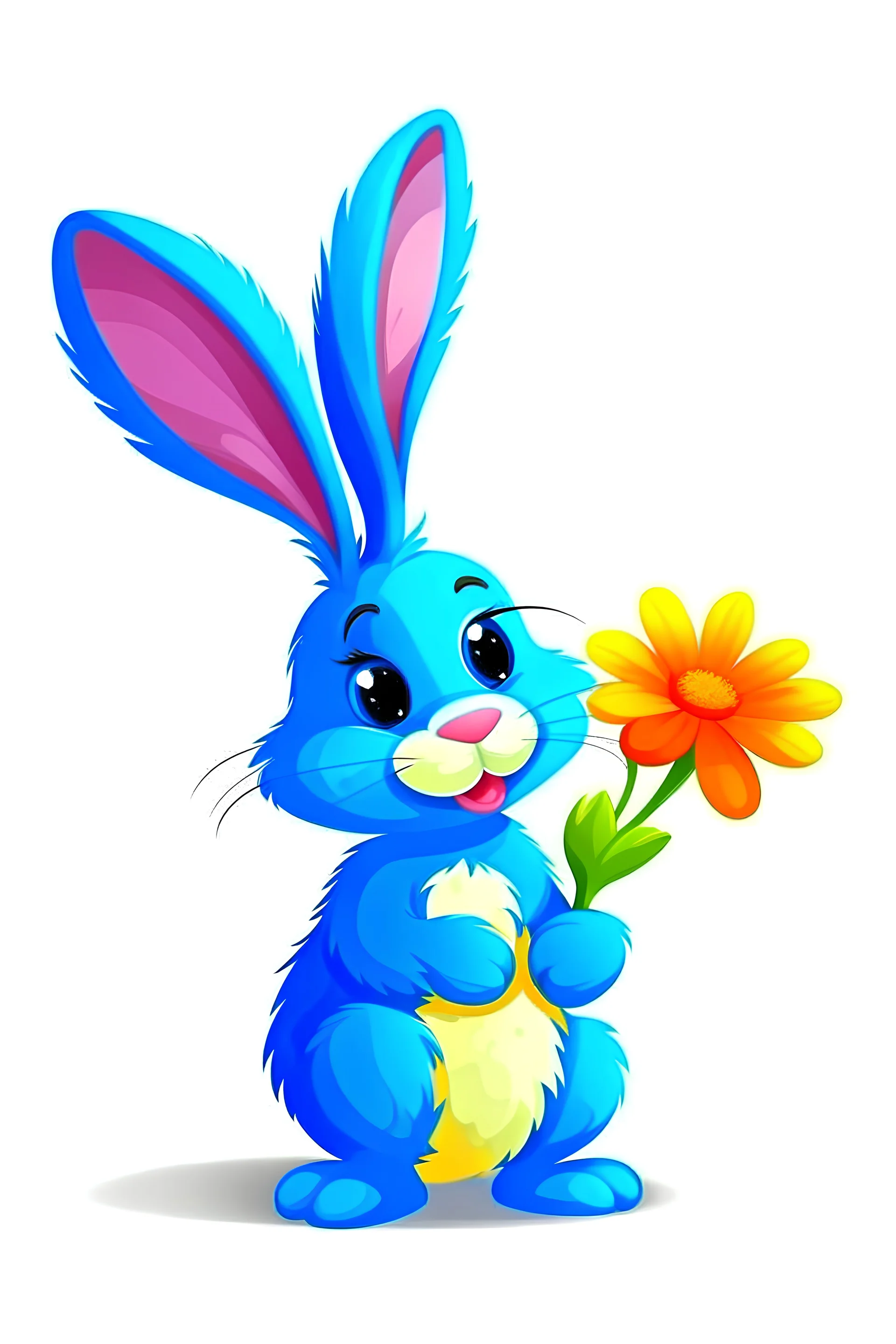 blue bunny holding a colorful flower