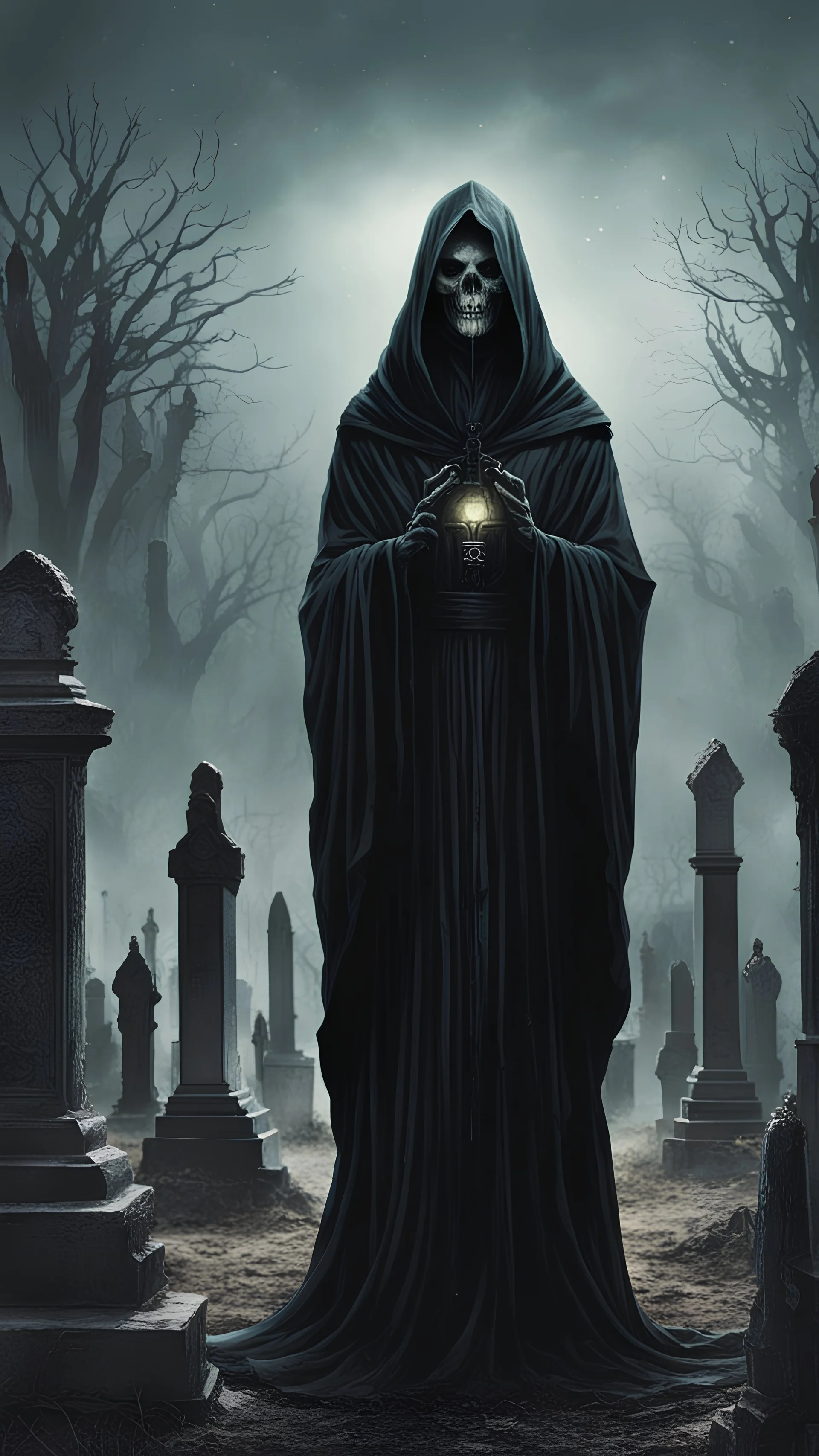 An eerie figure in a black robe, resembling a lich, stands in the middle of an ancient cemetery in horror style