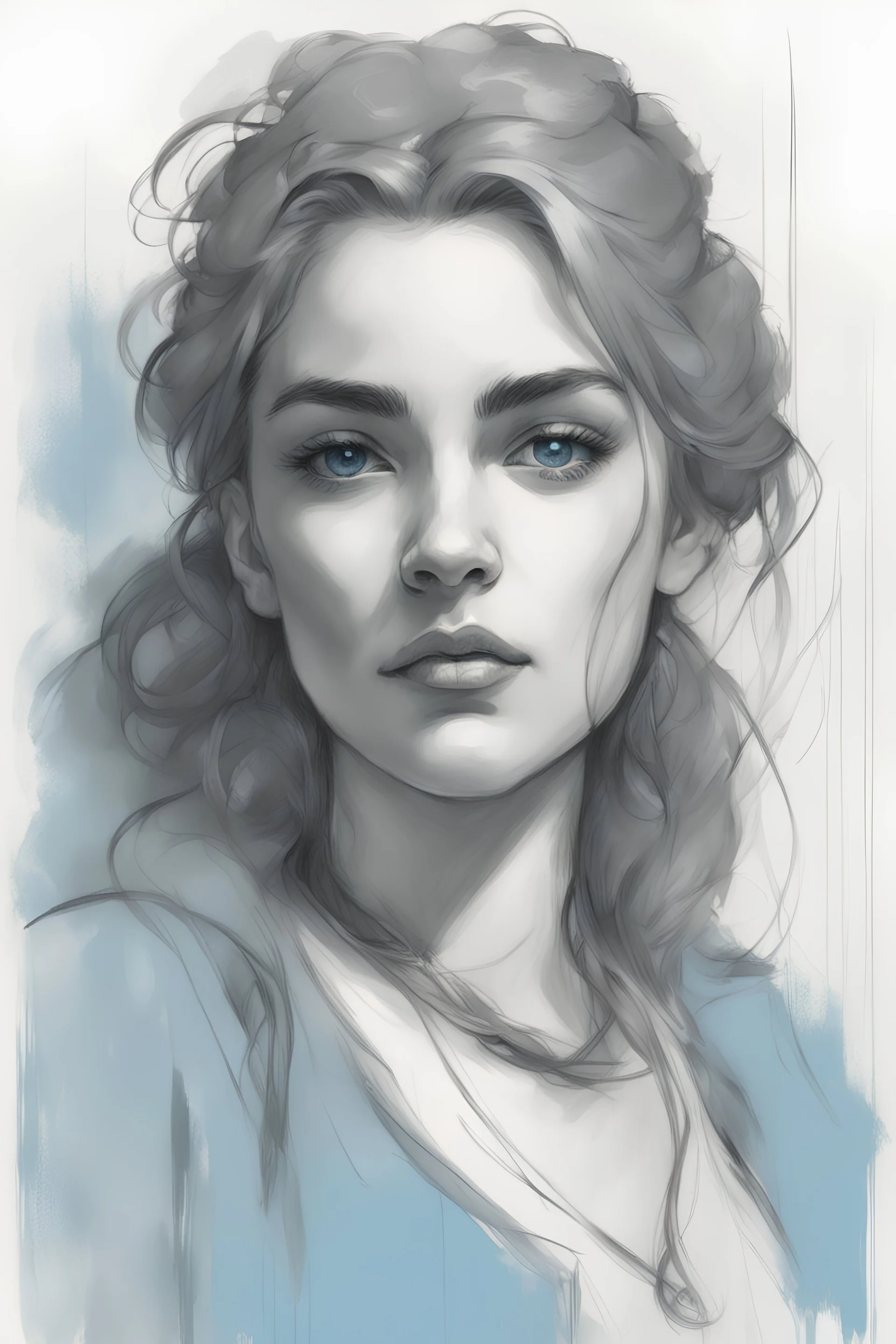 young woman portrait with beautiful thick eye brows, Drawing with a blue ink pen Inspired by the works of Daniel F. Gerhartz, with a fine art aesthetic and a highly detailed, realistic style
