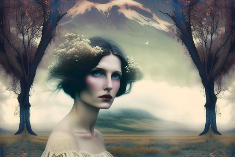 Single image: A Very Beautiful pretty dreamy Lady in eerie beautiful landscape art by Anka Zhuravleva, Sandy Welch, Jane Small, Aliza Razell, Eduard Veith, Joel Robison, Mikhail Vrubel, Ferdinand Hodler, Christoffer Relander, William Timlin, Charles Rennie Mackintosh, John Lowrie Morrison, Sidney Nolan. 3/4 Headshot, Volumetric lighting, 3d, mixed media, Best quality, crisp quality