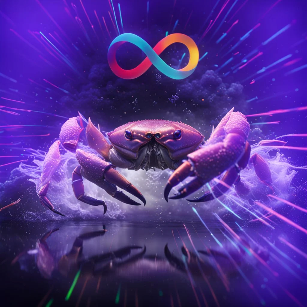 infinity symbol ∞ with vibrant powerful crab jumping out of the water, striking, neon, chiaroscuro, dramatic, captivating, powerful, fantasy, beautiful, octane render, 16k post-production, artstation: award-winning: atmospheric: commanding: fantastical: clarity: ultra quality: striking: brilliance: stunning colors: amazing depth; lens: f/11, 35mm