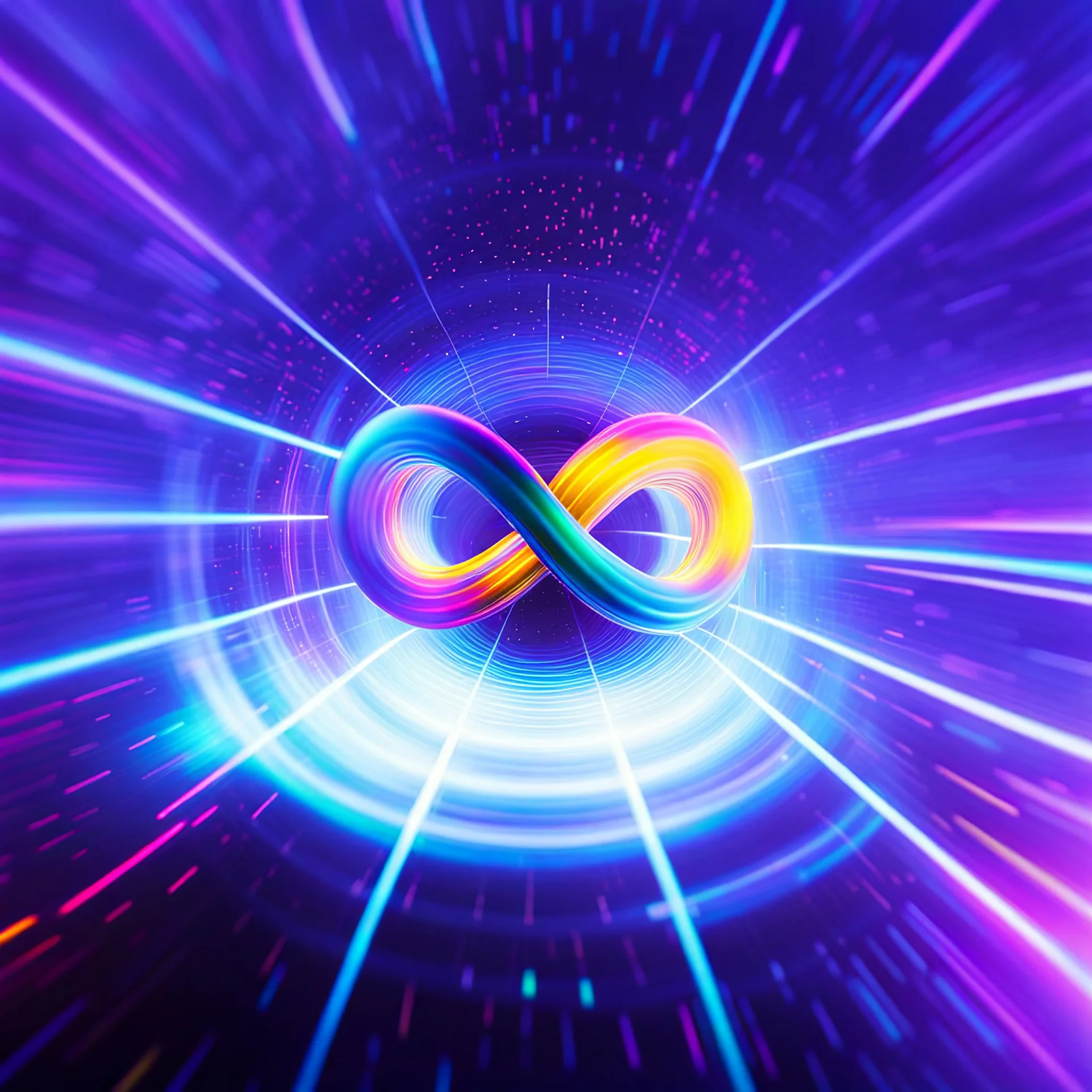 infinity symbol brightly coloured ∞ moving at warp speed, colours from infinity flowing through image with speed, DSLR with a 80mm lens, set to f/16 and a slow shutter speed of 1/15s, striking, neon, chiaroscuro, dramatic, captivating, powerful, fantasy, beautiful, octane render, 16k post-production, artstation: award-winning: atmospheric: commanding: fantastical: clarity: ultra quality: striking: brilliance: stunning colors: amazing depth; lens: f/11, 35mm