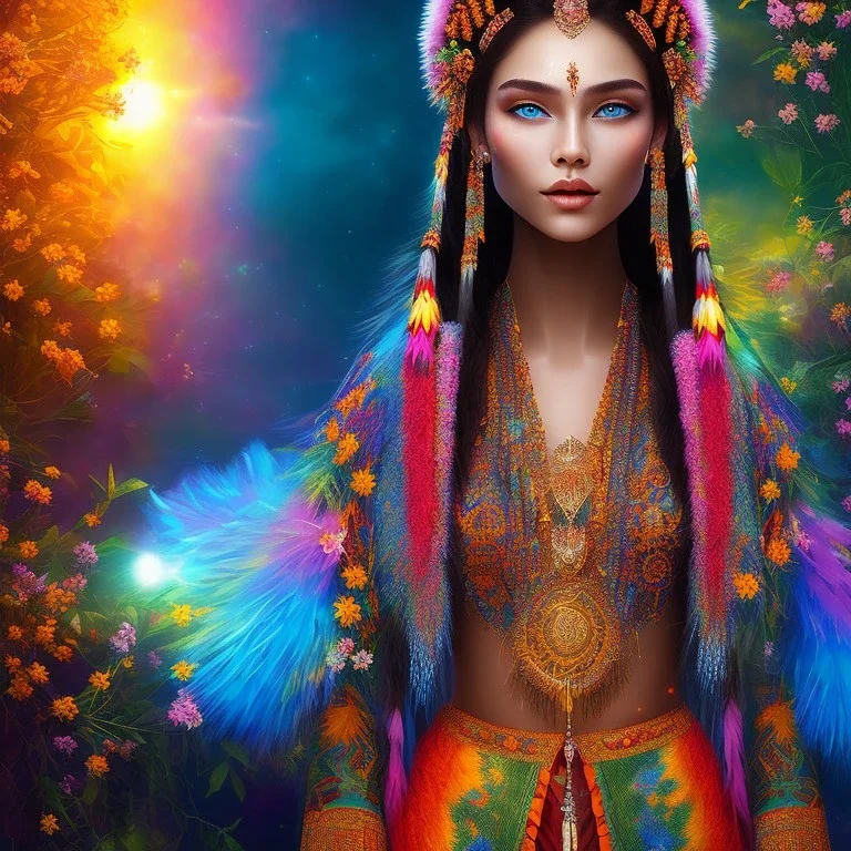 bright transparent indigenous, beautiful portrait, flowery landscape, light