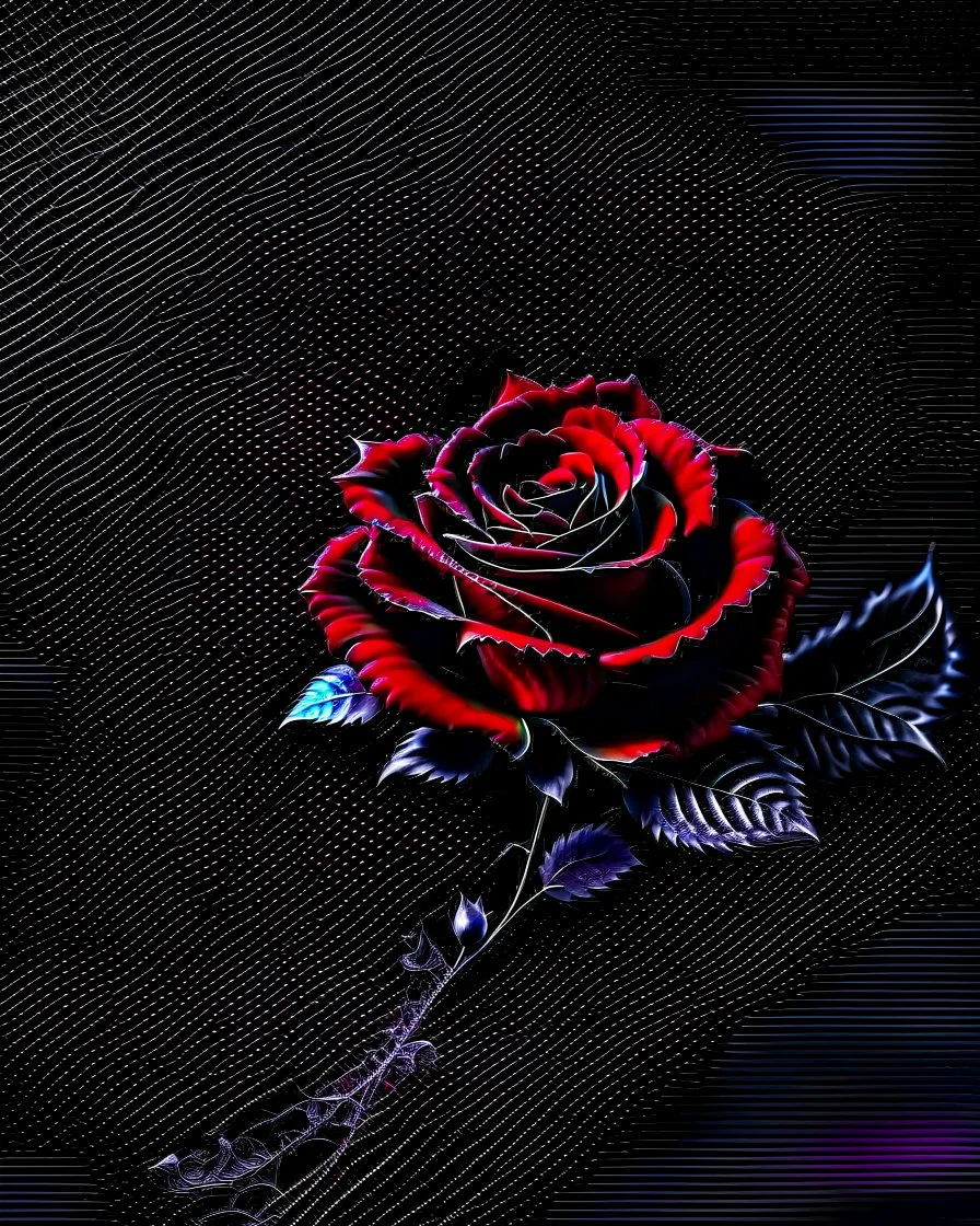 Deep red rose, black background, linear shapes