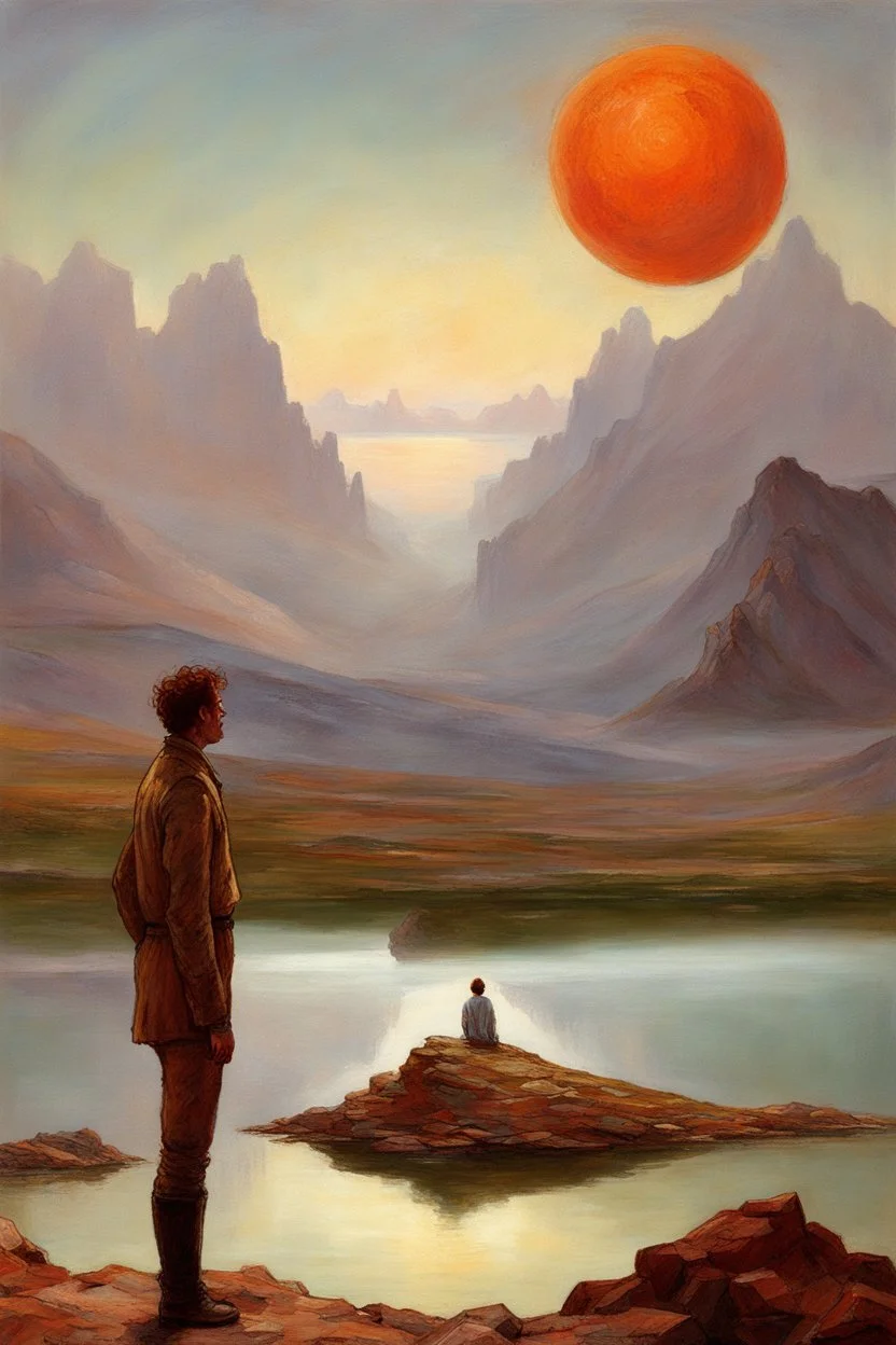 One astruonat looking at sky, planet in thrlake, mountains, sci-fi, hans am ende, and henry luyten impressionism paintings