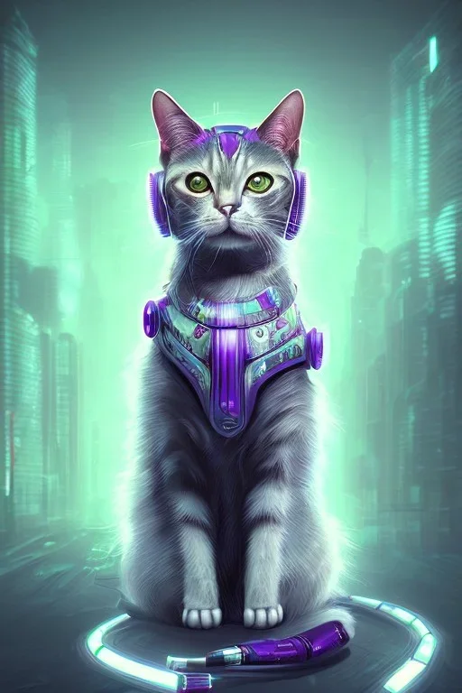 cat cute cyberpunk, purple tones, high lighting