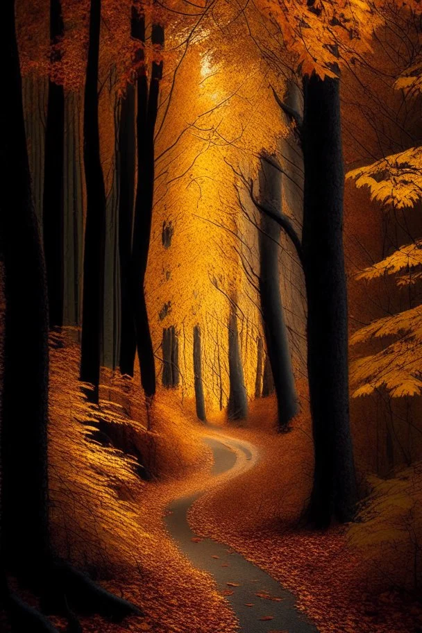 Autumn forest path in the style of Ansel Adams