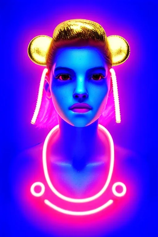 Rosalía, artist, natural, Realistic, waist up portrait, make up. Eyes, make up, glow, iris, eye liner. Hair, pigtails. lips, gold. big rings piercing, led ornament, pearls. Hand, baseball bat, Coat, smile pin, inflatable latex, cold, led lights, minimal, neon, pink, blue, gold, vibrant color, highly detailed, art stations, concept art, smooth, unreal engine 5, god lights, ray tracing, RTX, lumen lighting, ultra detail, volumetric lighting, 3d, finely drawn, high definition, 4k.