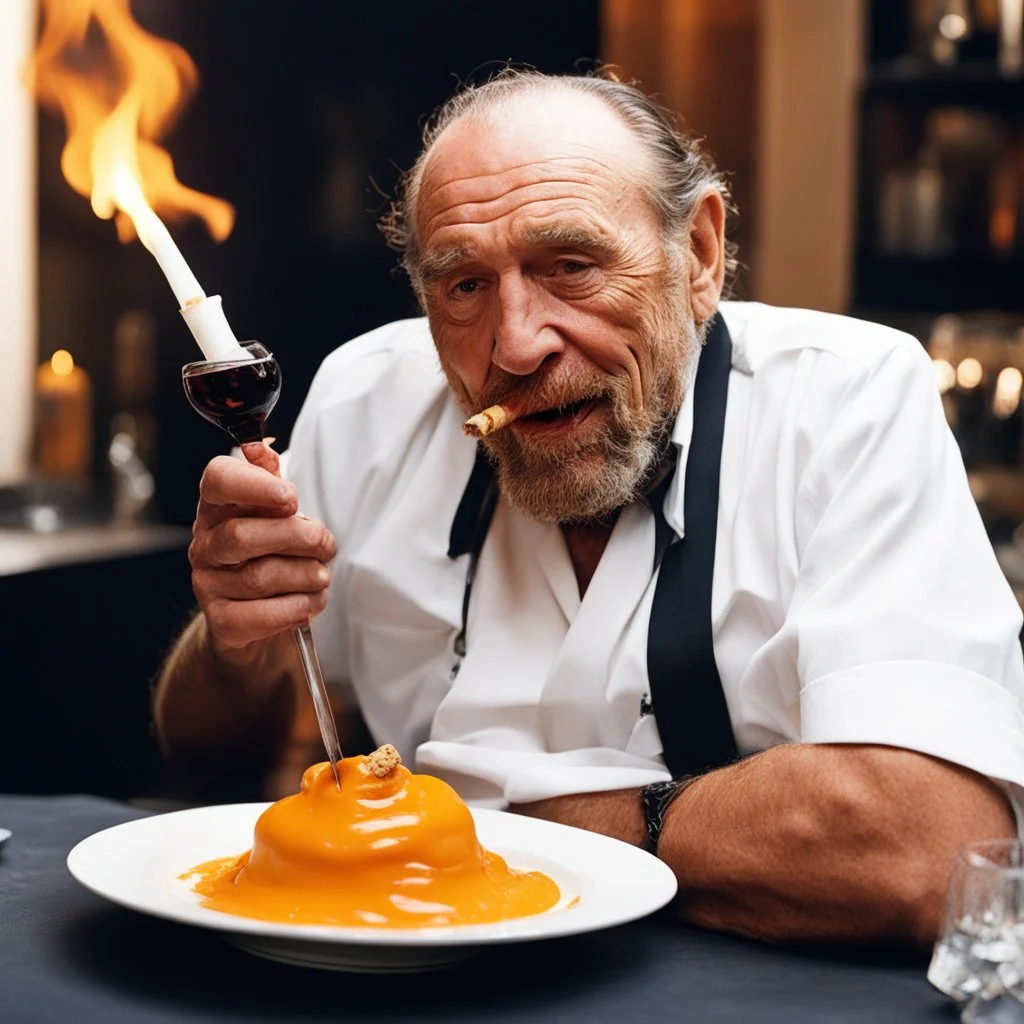Charles Bukowski participate au meilleur pâtissier 2020, his cigarette in the mouth and a bottle of rhum for his dessert un épais flaming baba au rhum in fire