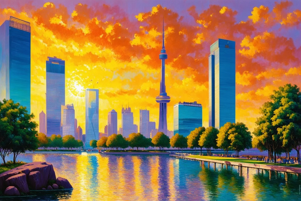 sunset, buildings, lake, rocks, city, park, trees, cyberpunk, sci-fi, claude monet impressionism paintings