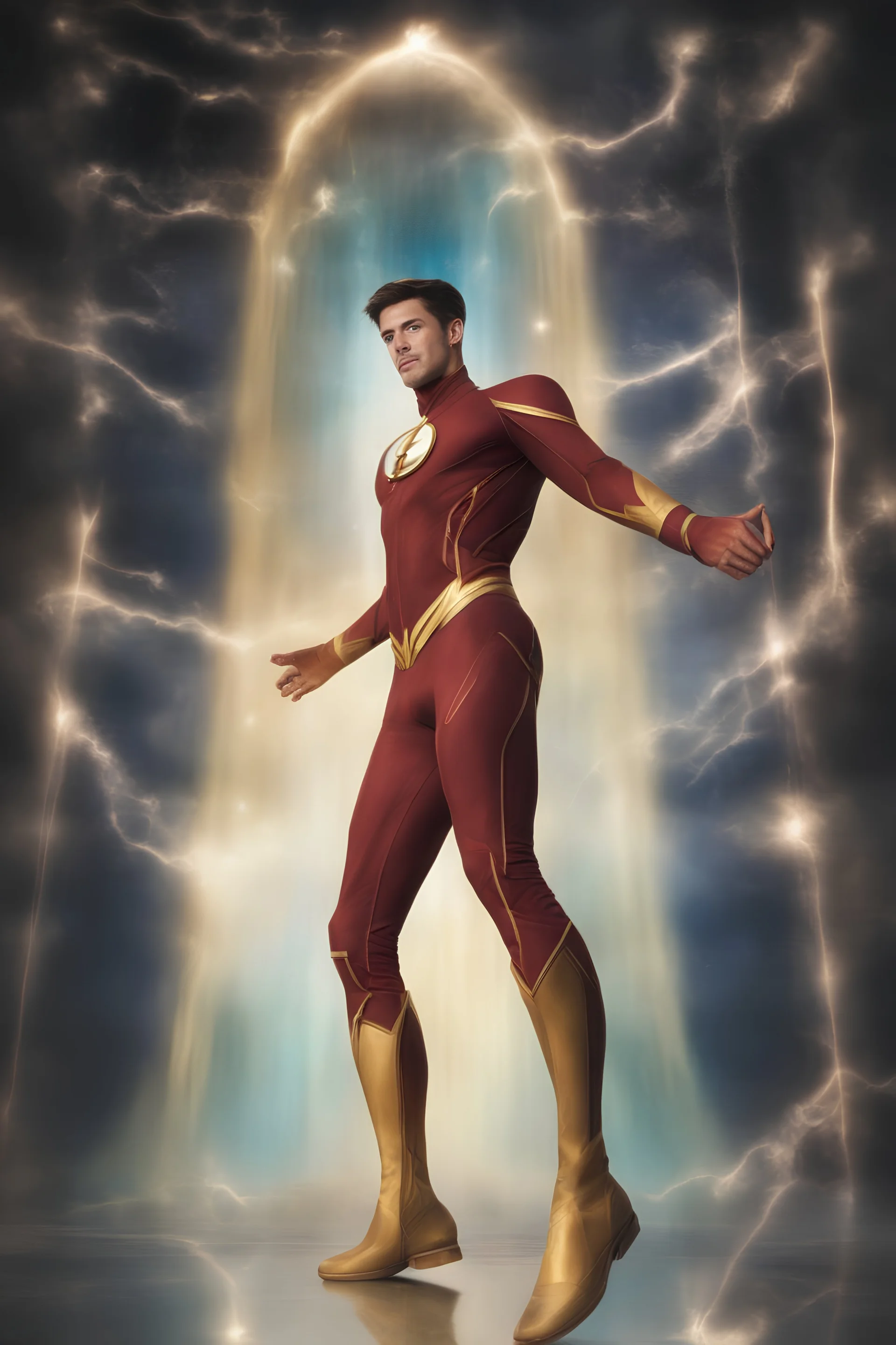 Grant Gustin as The Flash with gold boots - 3D bubbles, 3D hearts, multicolored lightning, aurora borealis, UFOs, Devil's Tower, fireflies, professional quality digital photograph, happy time