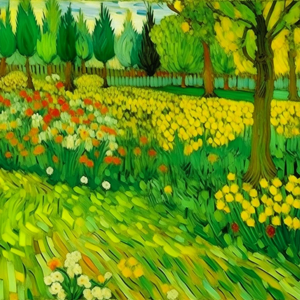 A lime green park filled with flowers painted by Vincent van Gogh