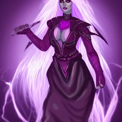 Female Aasimar Warlock dungeons and dragons character, spy, flowing white hair, glowing purple eyes, mysterious facial expression.