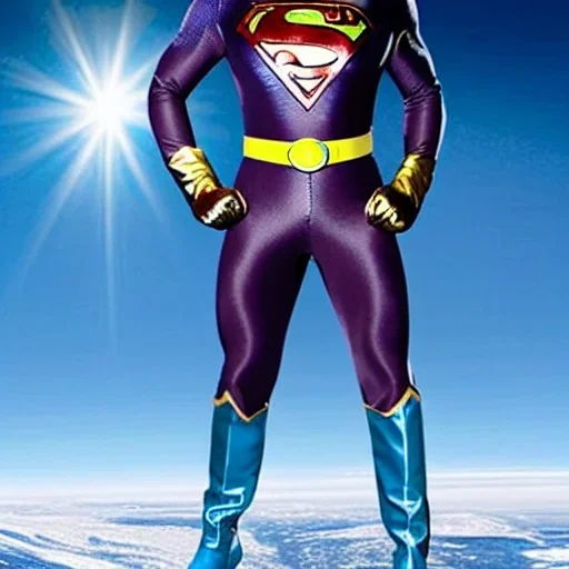 A superhero man with a sky blue spandex suit. He has a sky blue mask on, blue eyes, freckles, dimples, and curly dark brown hair. He's wearing gold boots and gold artist gloves with a white belt and has a gold M on his chest. His boots have small feathered wings on them, and his shoulders have shoulder pads. He is smiling