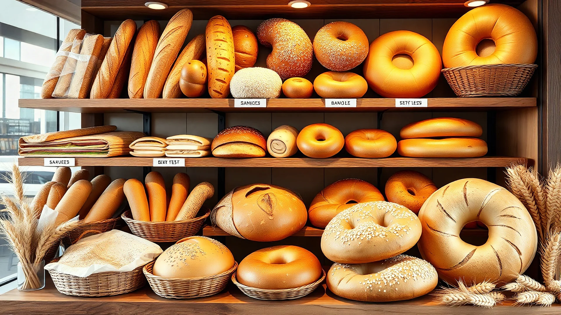 A design for a bakery shop that is filled with fancy breads, including baguette, sandwich, test, bagel, tortilla, white, and whole wheat, wheat ears, and sesame seeds.