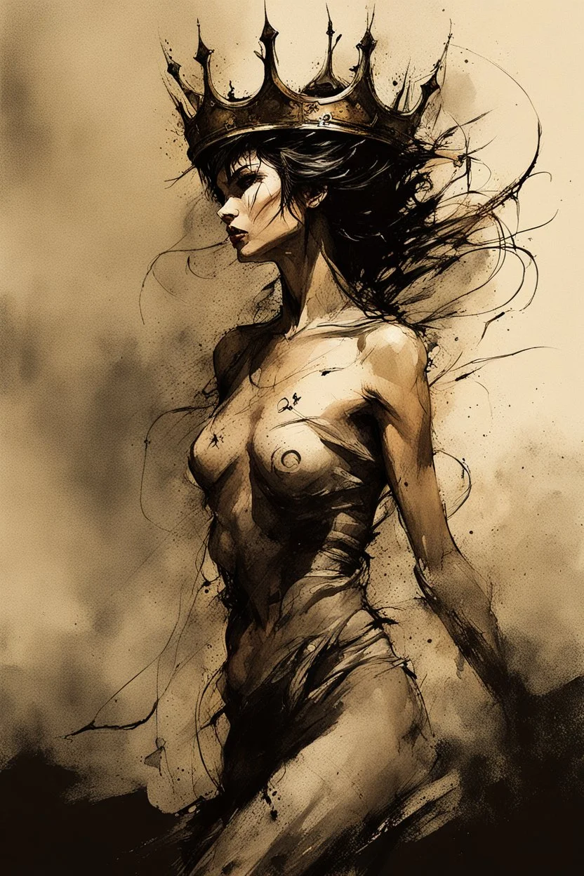 Hyper-photorealistic watercolor art style by Benedick Bana, Surreal fine art etching of a figure by Luis Royo, tanned skin inscribed with the transient story of mortality, ethereal light playing with its form whispering tales of an eternal realm, eyes, black as the depths of the night, ardently pinand looking towards the endless skies, a crown of black hair mirroring the mystery of the cosmos around, whole scene tinged with an ethereal softness from volumetric lighting, hues gr, Myst