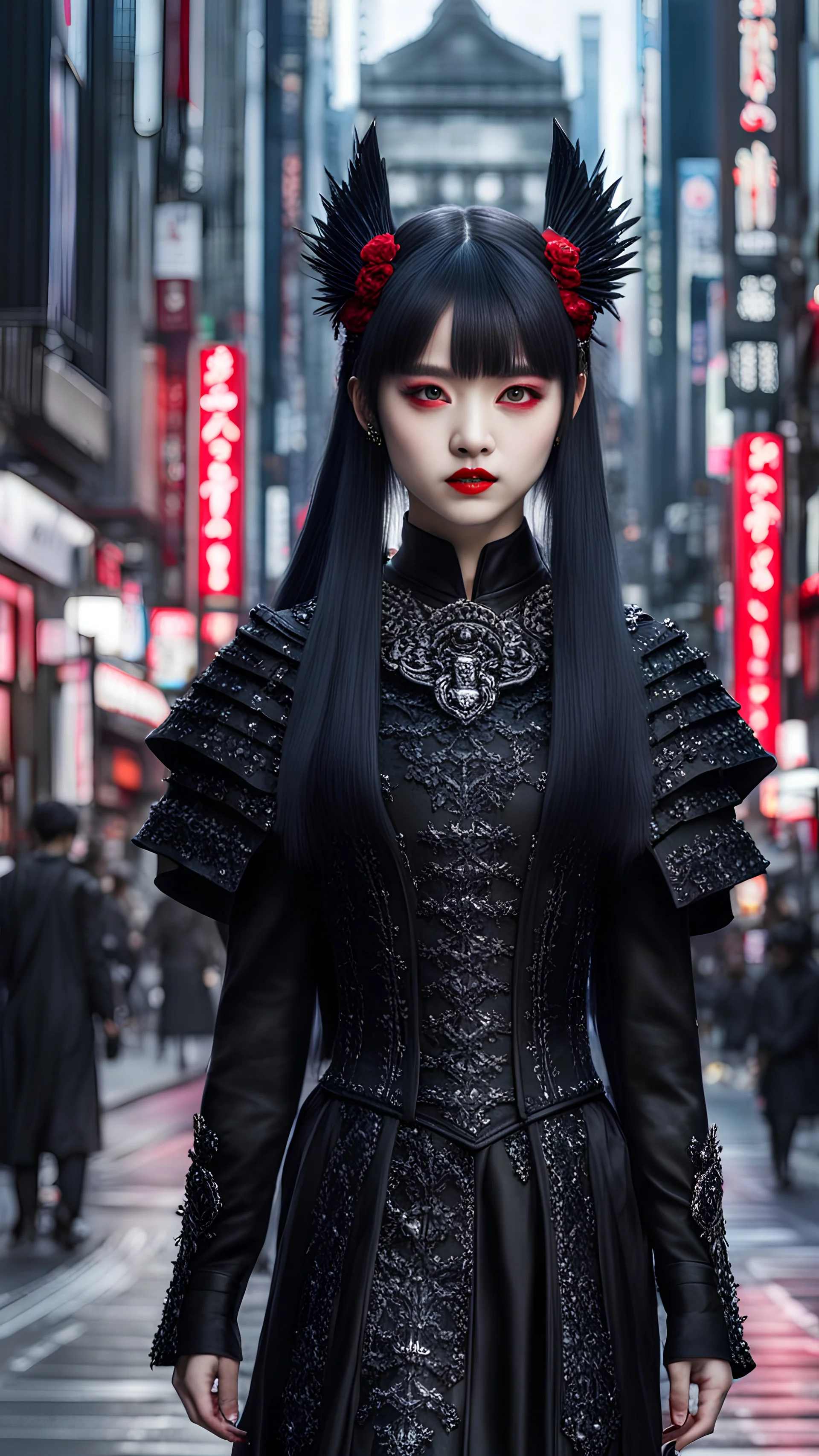 Create a hyper-realistic digital art piece featuring Babymetal walking in a gothic dress standing in Tokyo with her full body in frame. High attention to detail, including mascara-enhanced eyes and celebrity makeup with red lipstick. Render her hair and face with high detail, capturing the beauty. The image should have an ultra-focused and intense feel, utilizing an 8k resolution for crispness and clarity. DSLR camera, 50mm lens, neon lighting.
