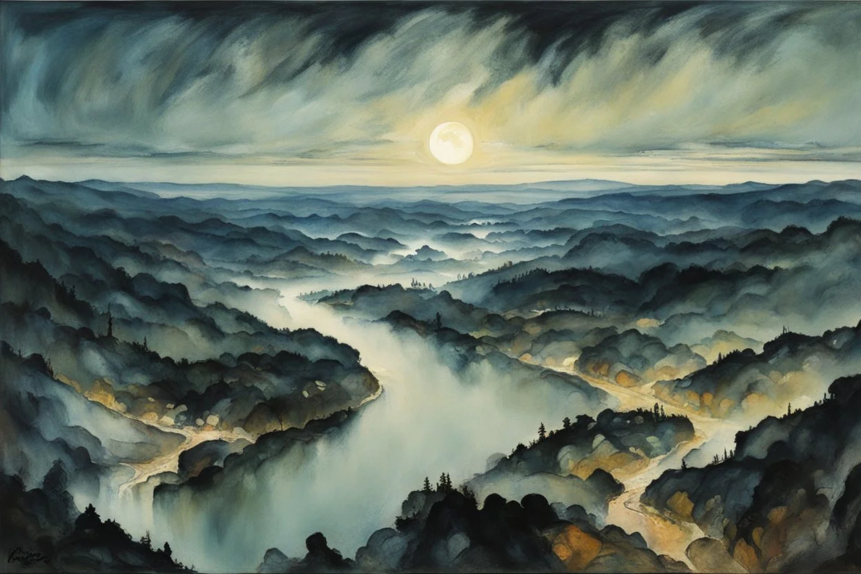 Aerial view painting of an expansive mist laden, rock strewn river forest landscape, pierced by shafts of pale moonlight , in the Expressionist style of Egon Schiele, Oskar Kokoschka, and Franz Marc, in muted natural colors,