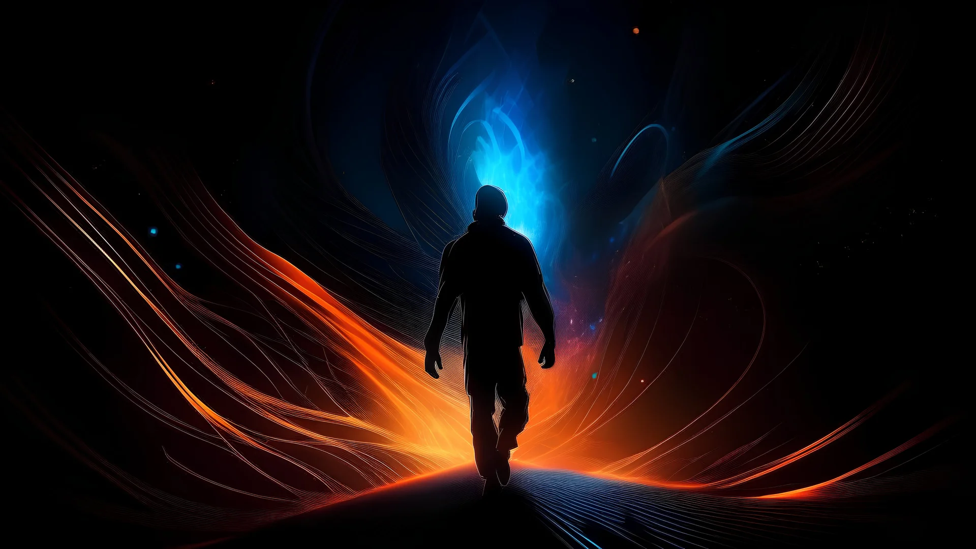 a digital artwork depicting the powerful silhouette of a person stepping into the abstract realm of infinite possibilities, surreal, dreamlike, concept art, dark and vibrant colors, ethereal atmosphere, minimalistic style, glowing trails, symbolic, mind-bending, digital manipulation, fantastical, immersive, 4k resolution