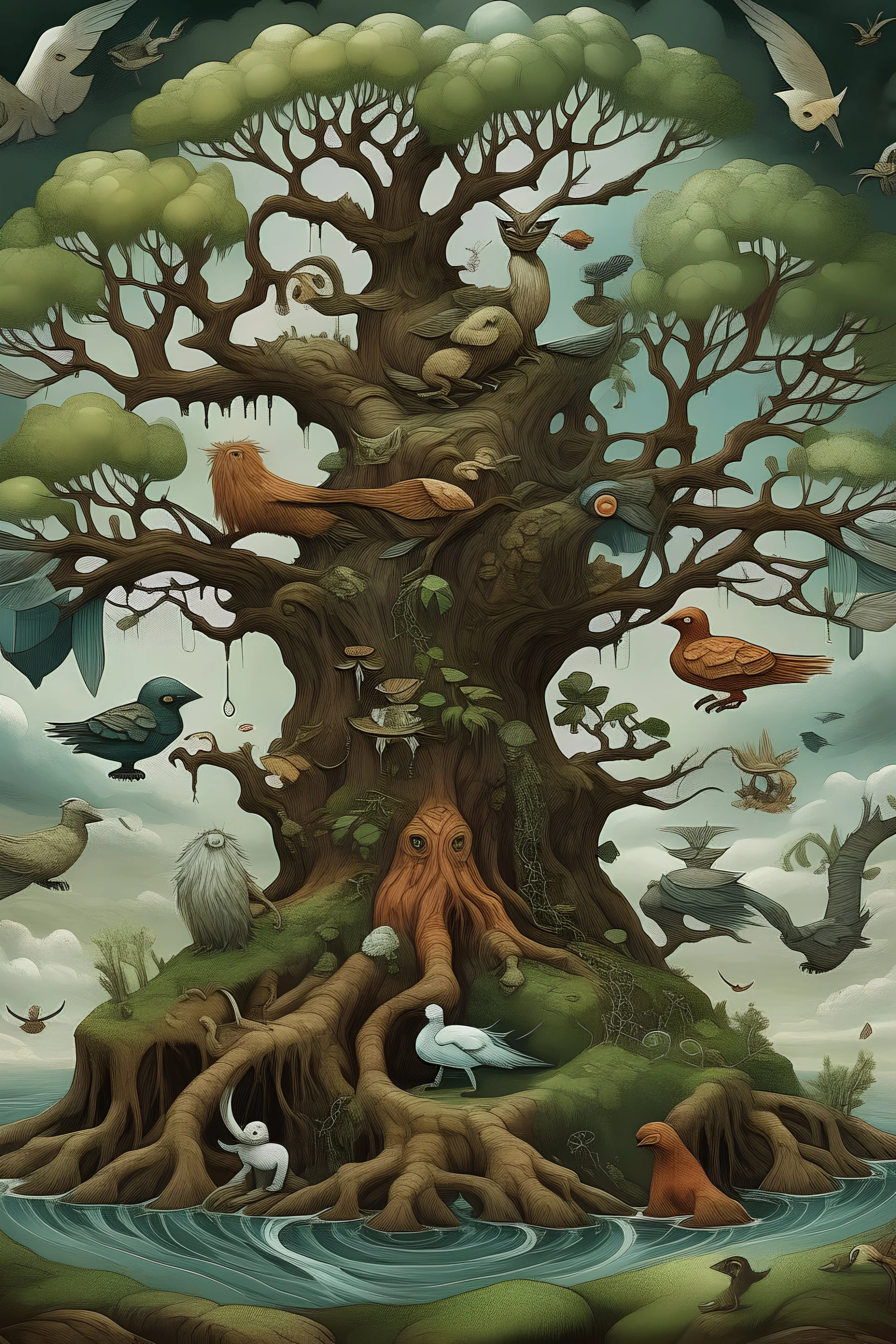 nordic mythology creatures making a colony in a tree