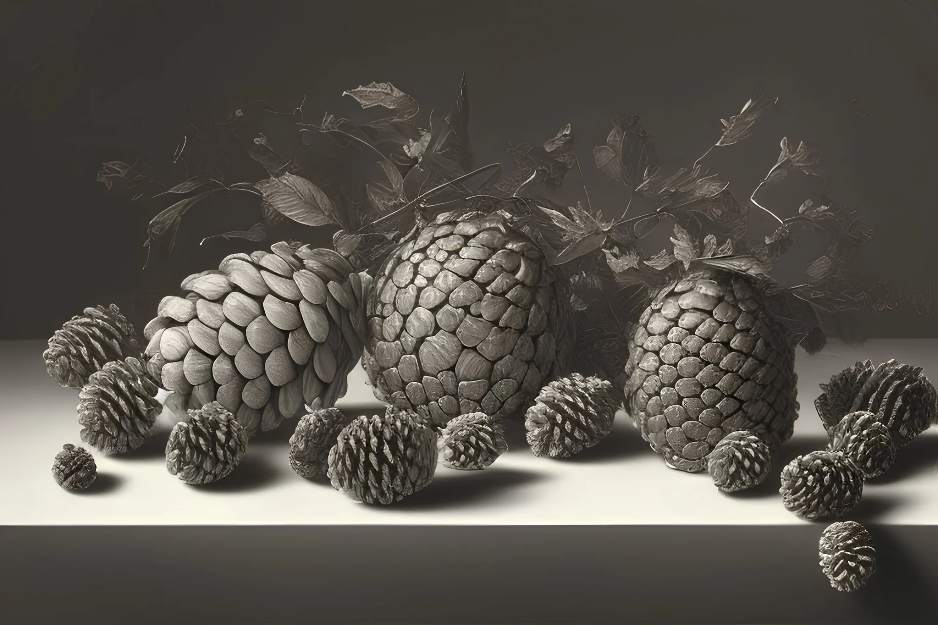 a realistic still life graphite drawing of pine cones in the classical style of Pieter Claesz, Jan Jansz. van de Velde and Anthonie Leemans