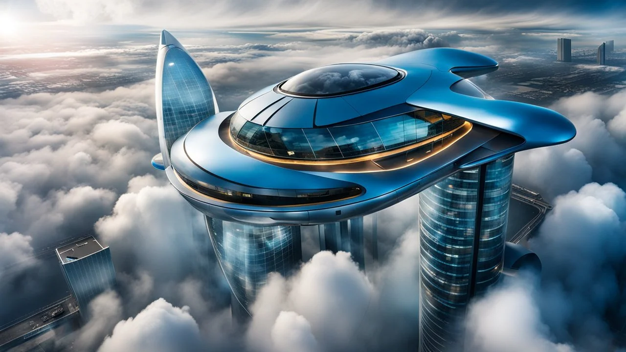 medium shot photo from high-tech futuristic office building between in big clouds , glass and metalic walls, tall, cyberpunk, blue, and dark colors with a landing dock of futuristic ergononic car and taxi, and airship floating in the clouds, blue-white sky, cold colors, high detalied, sharp focus, sci-fi mood