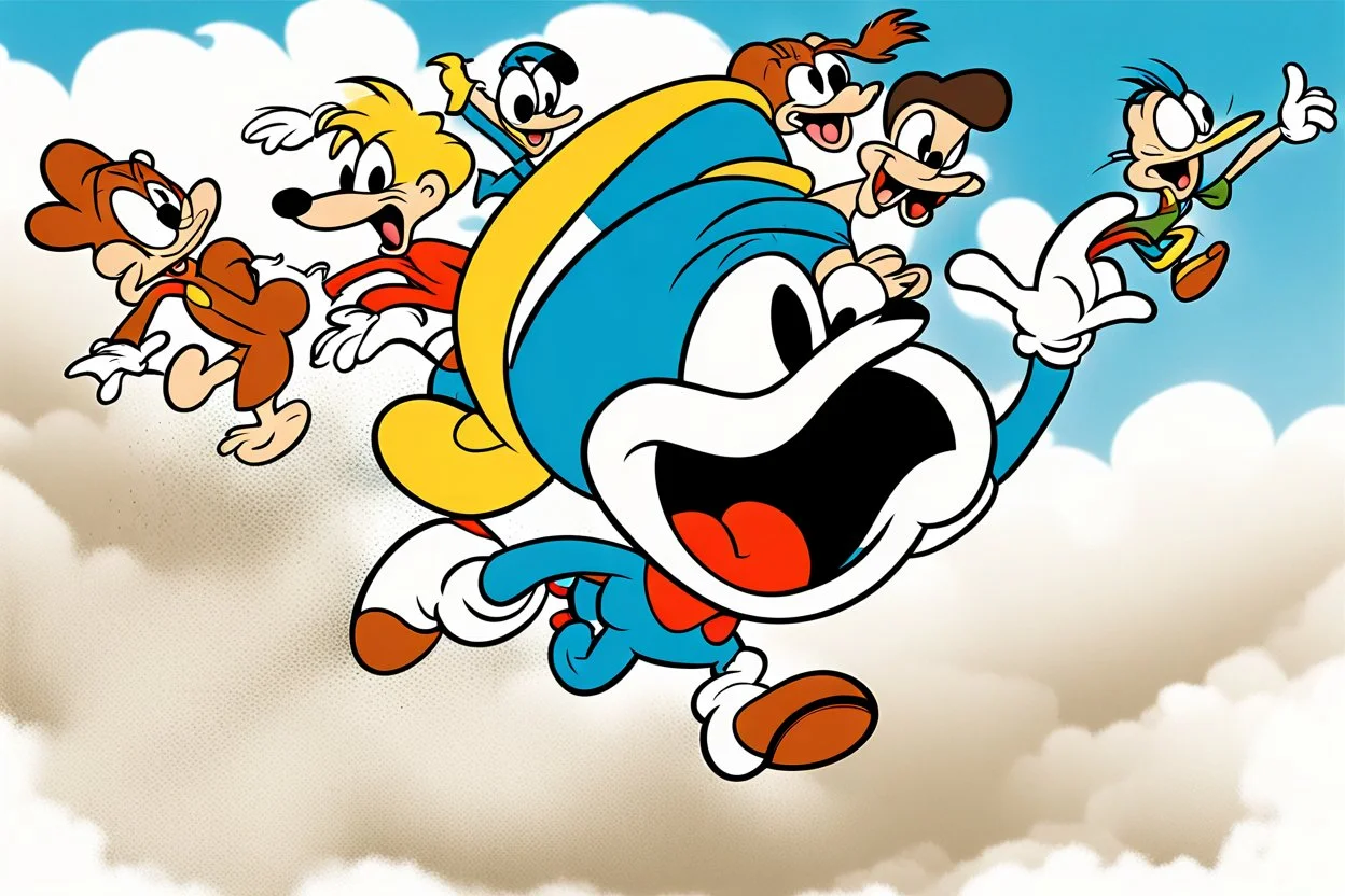 mostly sky, ground line at bottom, small cartoon character on the bottom right running towards the right side, leaving behind a cloud of dust. style of looney toons cartoon