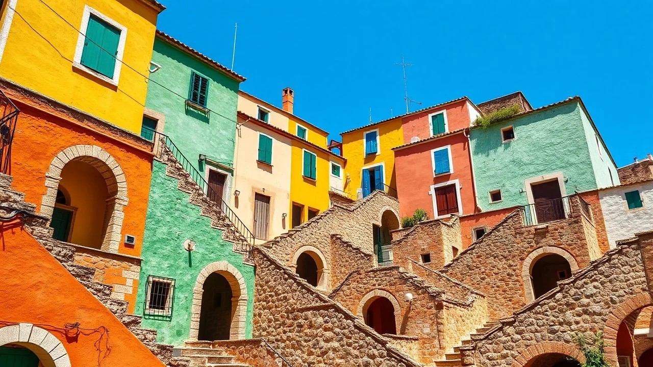 A vibrant, sun-drenched Mediterranean village scene. The architecture features buildings painted in bold, textured strokes of turquoise, lime green, and burnt orange, stacked in a charming, asymmetrical arrangement. Stone staircases, worn and weathered, wind upwards between the structures, casting sharp, defined shadows. Arched doorways and windows punctuate the facades, hinting at hidden courtyards and interiors. A clear, cerulean sky dominates the upper portion of the image, contrasting with t