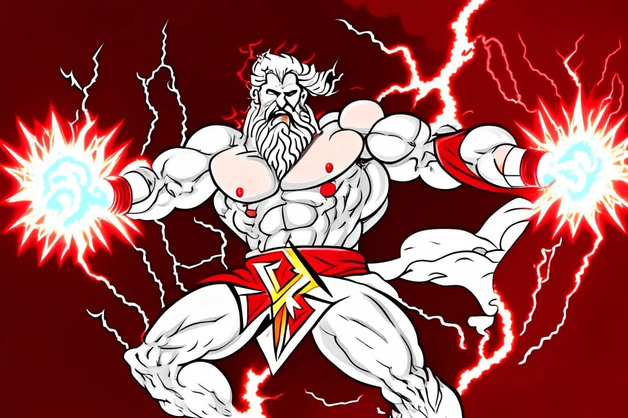 A detailed illustration of Zeus holding two lightnings in front of himself. One lightning is red and the other one is white. He is moving them together and there are flashes of lightning exploding from his powerfull move. The lightning is in the shape of half the letter Z. The red half is the top half, the white half is the bottom half. Zeus is wearing a red cape, has powerfull facial expresion, has white beard and long white hair with a gold Zeuz, greek, like crown. Lightning in the back.