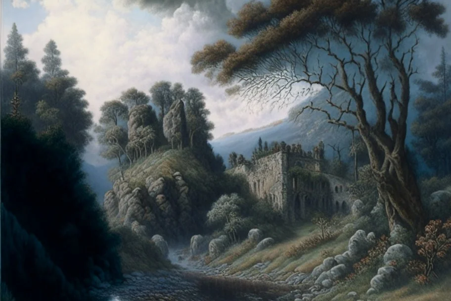 River valley, rocks, trees, an abandoned manor on the mountainside, cumulus clouds, afternoon, eerie, atmospheric, deep perspective, realistic, natural colors, muted colors, intricate details, majestic, magnificent, high definition, fantastical, magical, mystical 8k, oil and canvas, in the style of Edward Burne-Jones, John William Waterhouse, Caspar David Friedrich