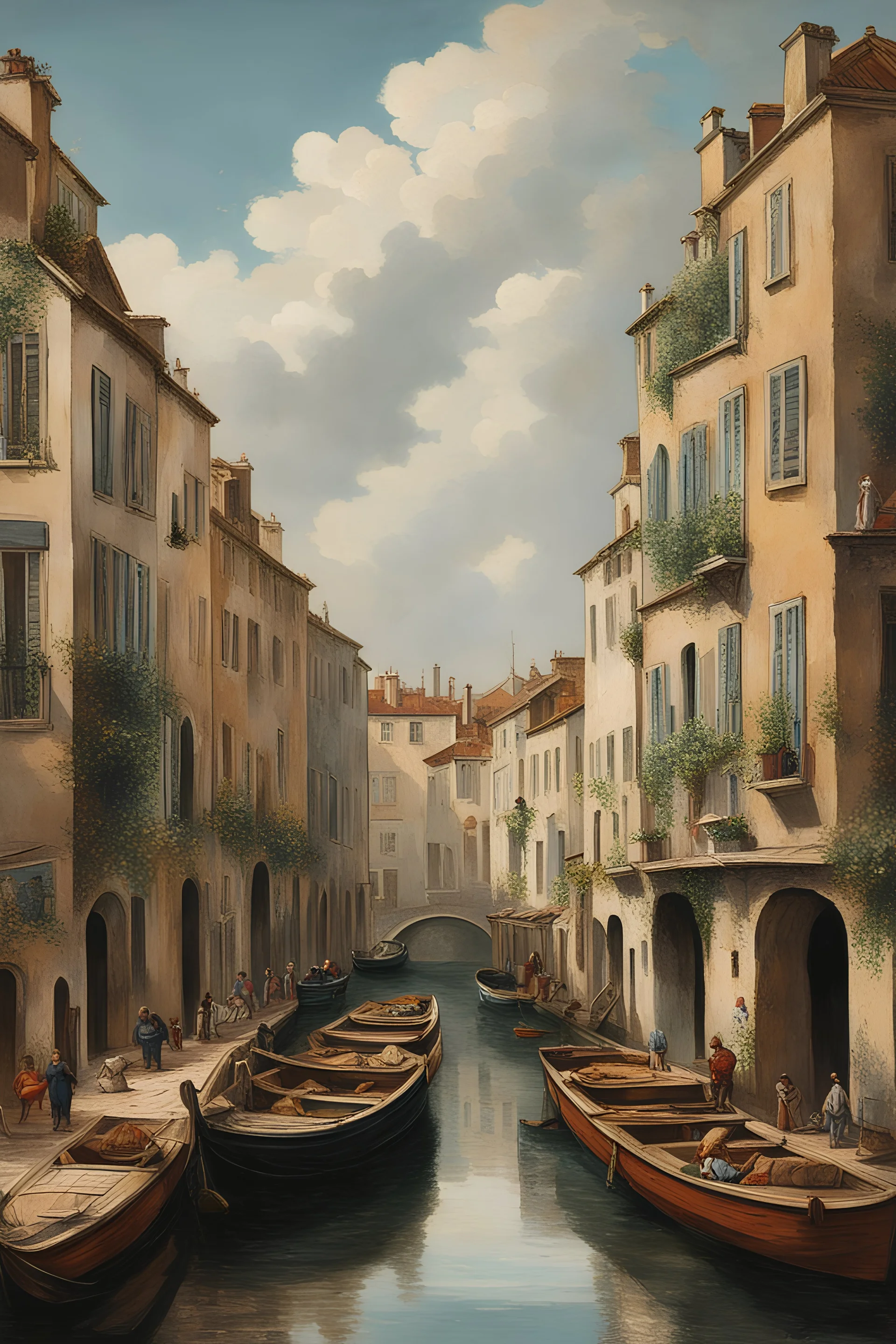 a painting of a canal with boats in it and buildings in the background with a cloudy sky above it, Canaletto, matte painting, a detailed matte painting, modern european ink painting, more colorful, people