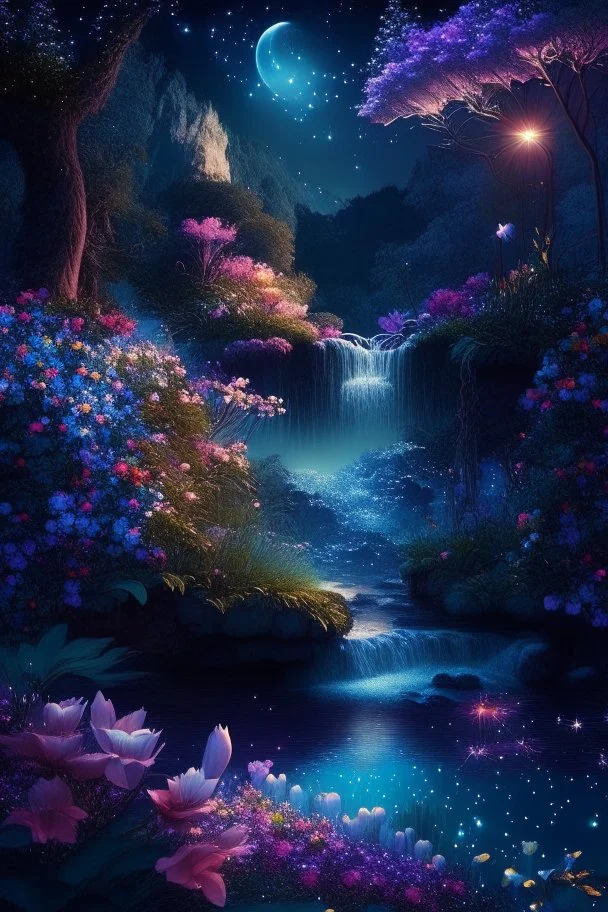 beautiful fairy land in space,night lights,flowers,river,waterfall,trees