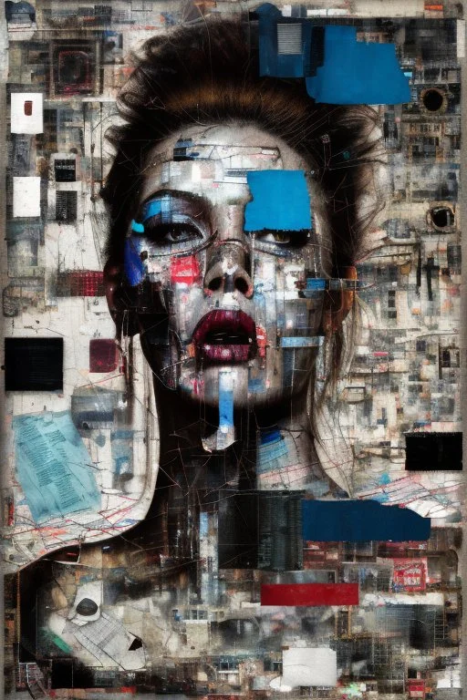 Ultra detailed medium portrait painting of a beautiful abused woman, she is crying and upset, masking tape on her mouth, blue brushed eye, chaos background,torn up collage of clippings, broken circuitry background, matrix effects, punk visual art, punk art aesthetic, graffiti art, pop surrealism, collage art, cluttered paint glitches