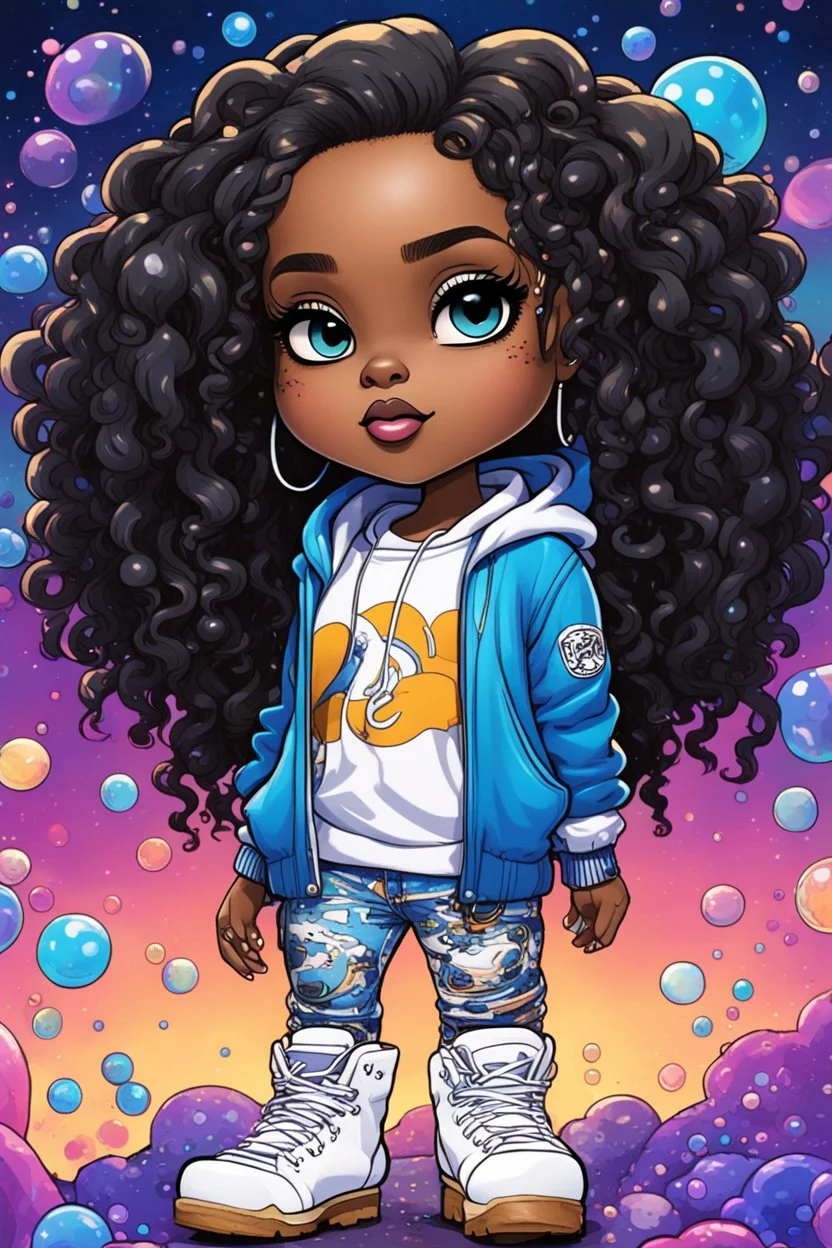 Create an colorful psychedelic comic book illustration of a chibi cartoon black female thick curvy wearing a cut of blue and white hoodie and white jeans and timberland boots. Prominent make up with long lashes and hazel eyes. Highly detailed shiny sister locs. Background of a large bubbles all around her