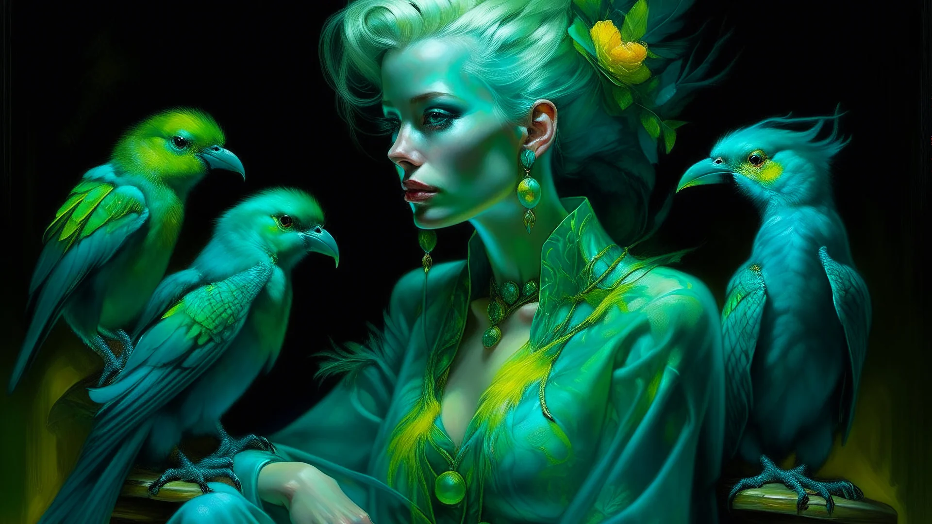 A mystical, ethereal portrait of a woman with luminous green skin, adorned with four vibrant teal parrots perched on her shoulders and back. Her hair is styled in a complex, blonde updo. She is seated, with her head bowed in a pensive posture, her body wrapped in a flowing, textured garment that resembles delicate, organic fibers or scales. The skin has a slightly mottled, almost reptilian texture with hints of coppery undertones, suggesting a connection to nature or otherworldly origins. Her bo